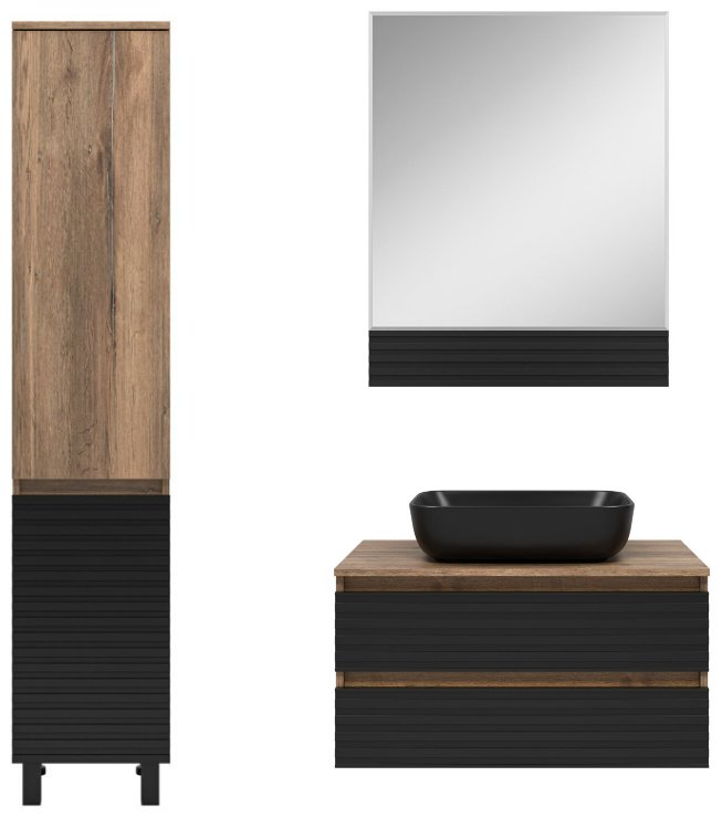 Комплект для ванной KABINKA.KZ DAKOTA - 80 (тумба под раковину, раковина, шкаф-пенал, зеркало) черный