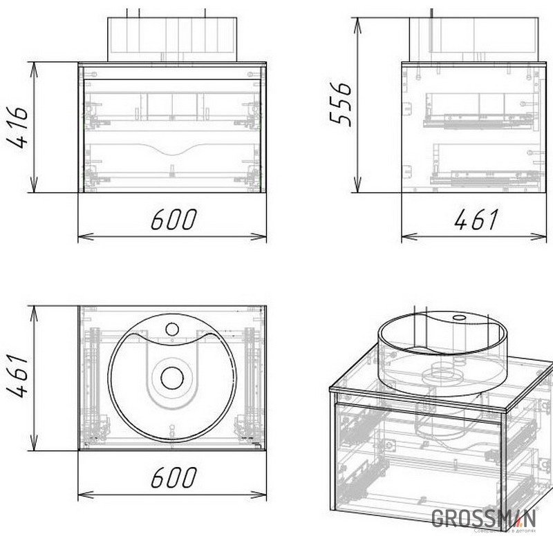 Комплект для ванной Grossman Смарт (тумба под раковину, зеркало, раковина) коричневый, графит