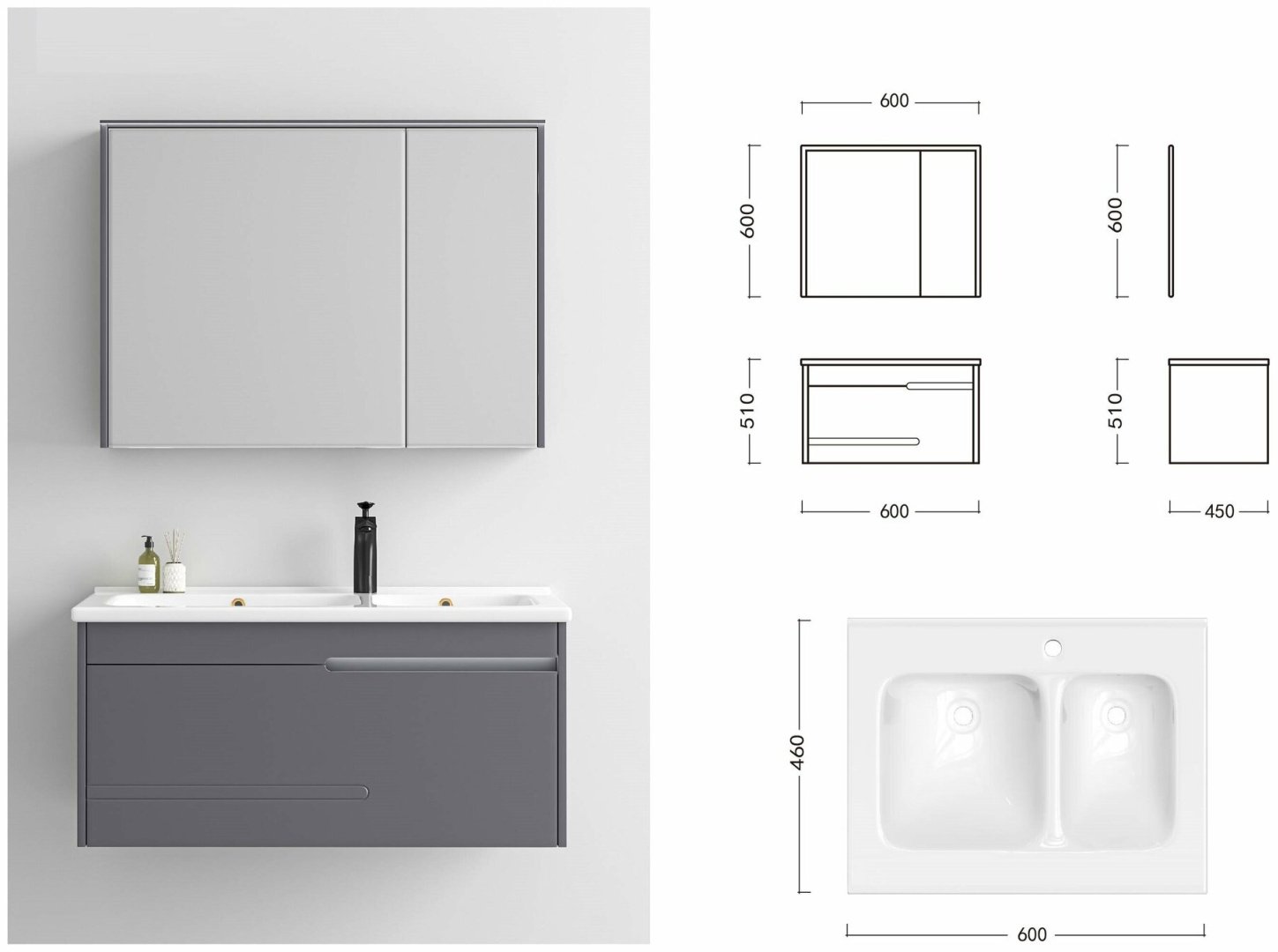 Комплект для ванной Cerutti SPA OGLIO 60 (шкаф, тумба под раковину, раковина) серый