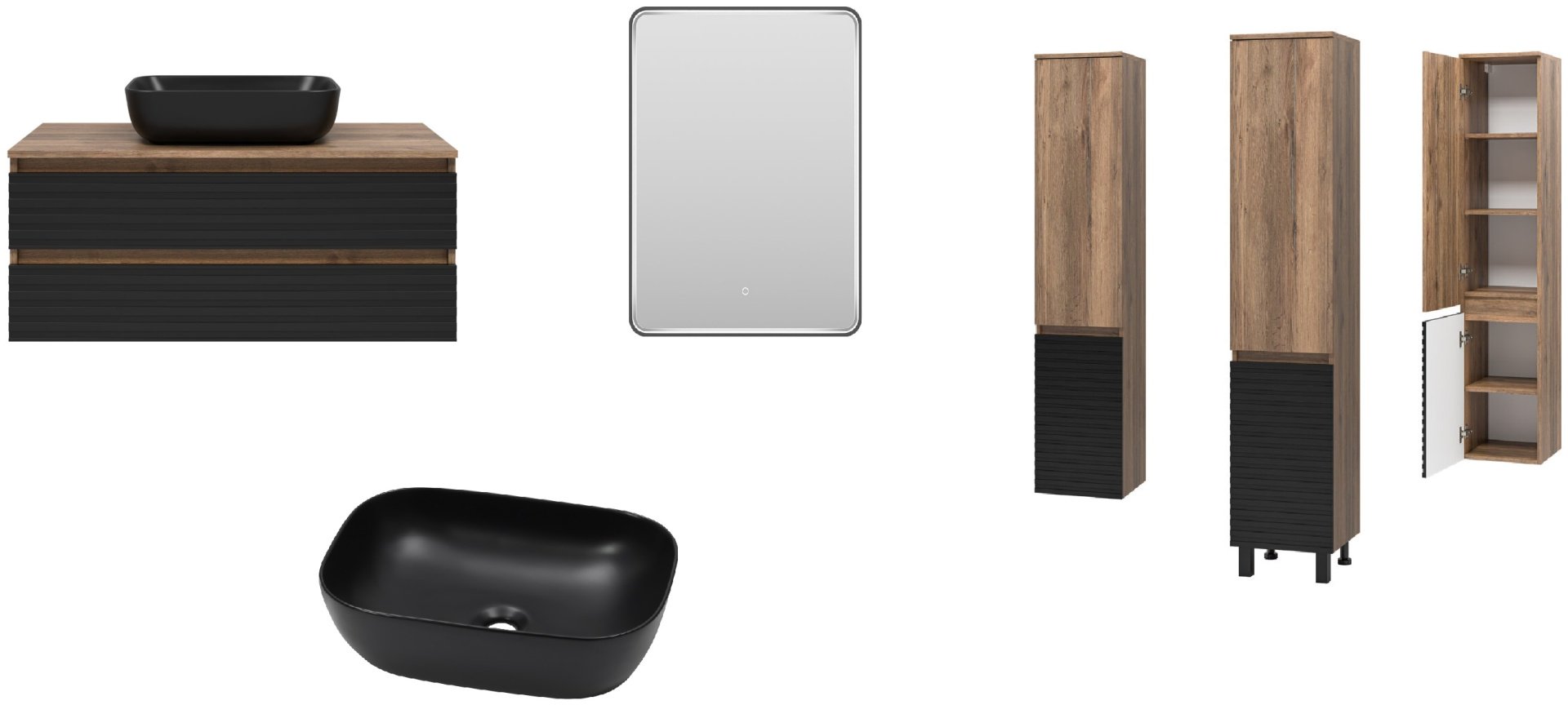 Комплект для ванной Brevita DAKOTA (шкаф-пенал, тумба под раковину, зеркало, раковина) черный, коричневый