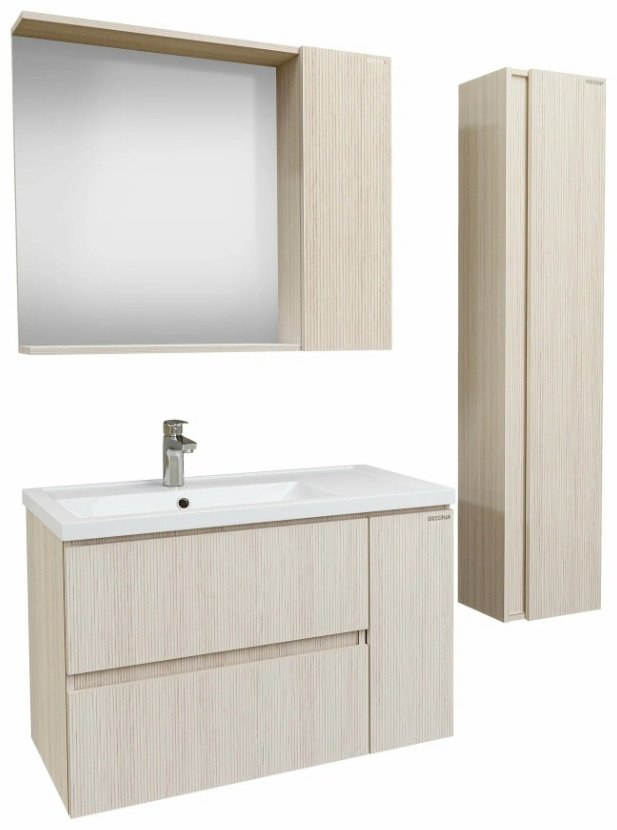 Комплект для ванной Grossman ЮНИТ 80 (шкаф-пенал, тумба под раковину, зеркало, раковина) бежевый