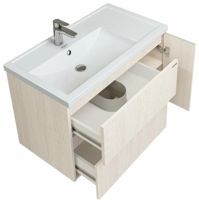 Комплект для ванной Grossman ЮНИТ 80 (шкаф-пенал, тумба под раковину, зеркало, раковина) бежевый