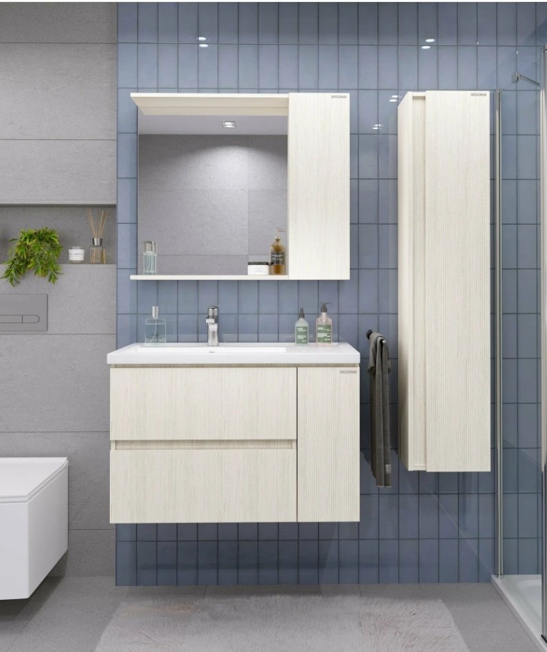 Комплект для ванной Grossman ЮНИТ 80 (шкаф-пенал, тумба под раковину, зеркало, раковина) бежевый