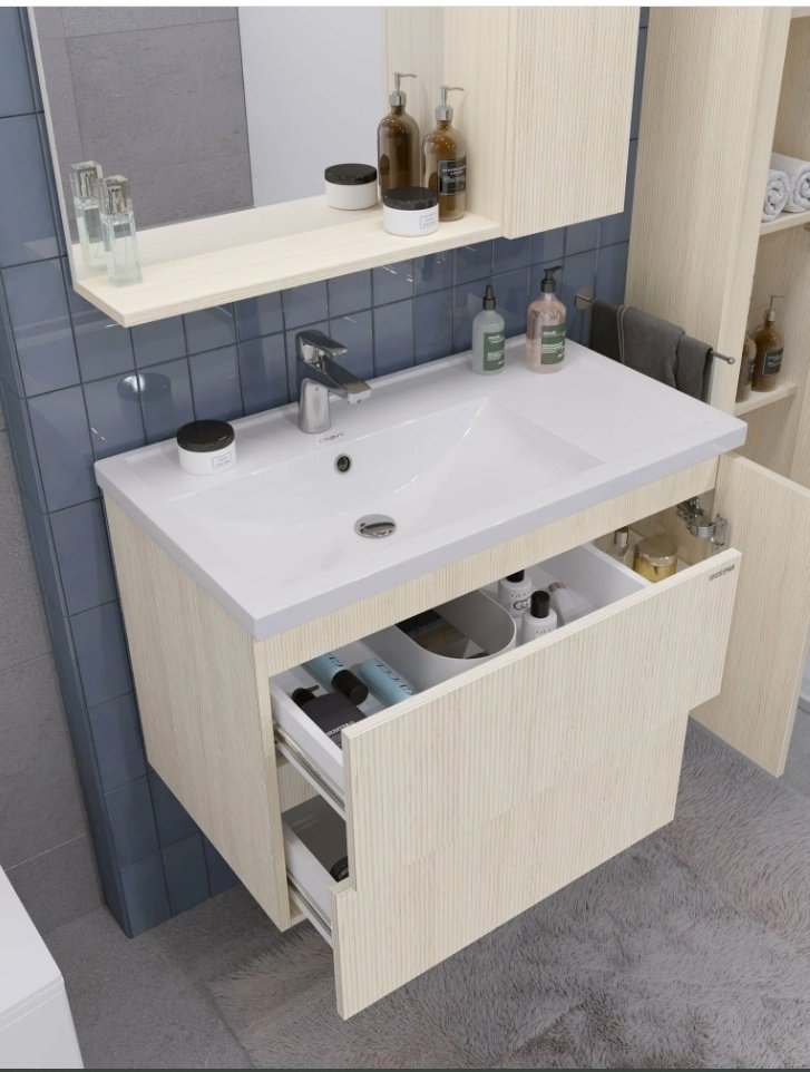 Комплект для ванной Grossman ЮНИТ 80 (шкаф-пенал, тумба под раковину, зеркало, раковина) бежевый