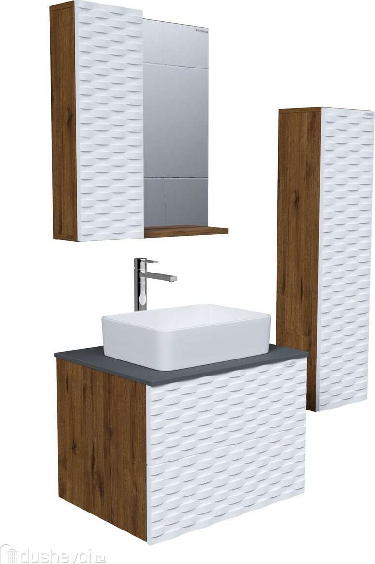 Комплект для ванной Grossman АЛЬБА 65 (шкаф-пенал, шкаф-навесной, тумба под раковину, раковина) белый, коричневый