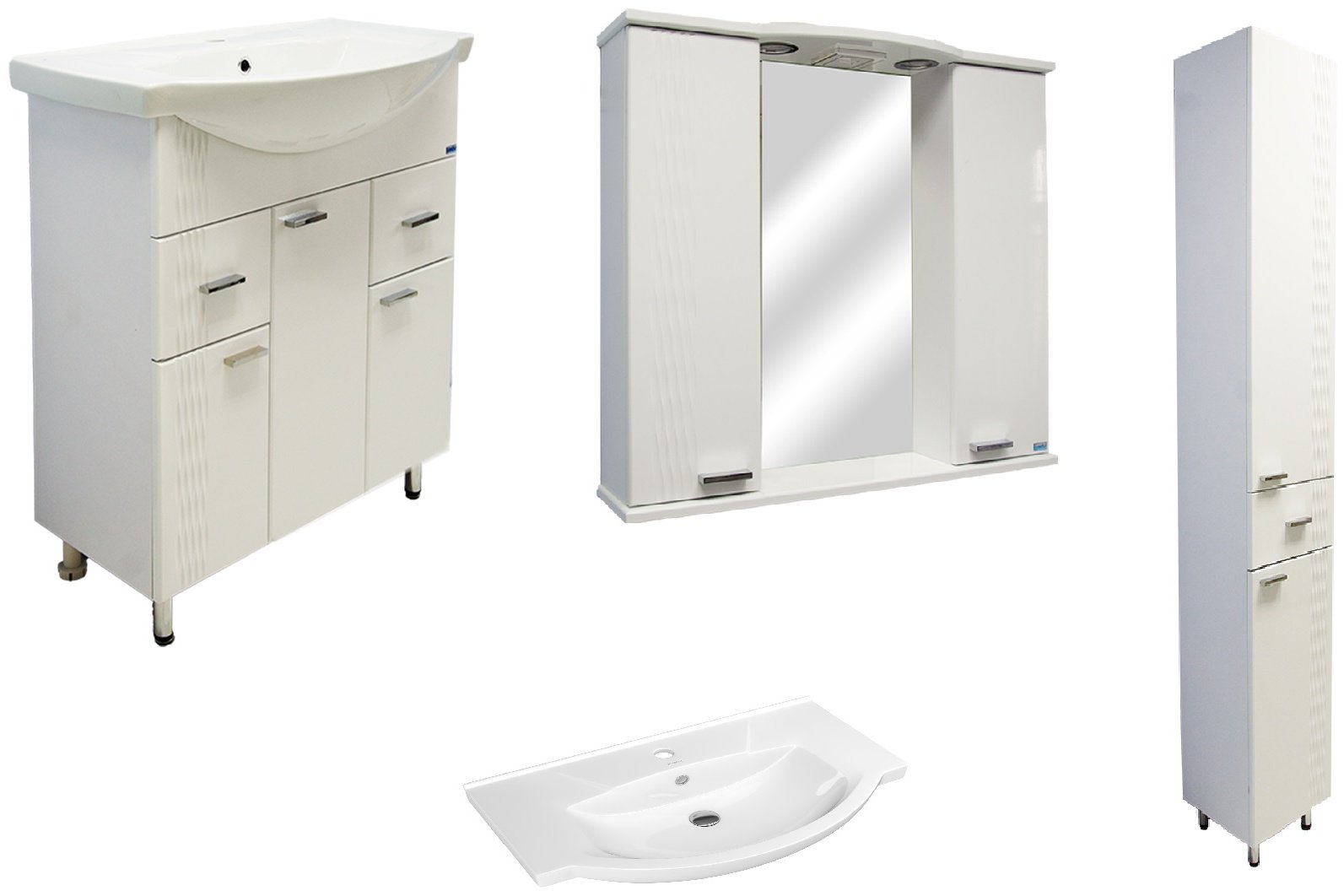 Комплект для ванной Lindis Оптима (шкаф, шкаф-пенал, тумба под раковину, раковина) белый