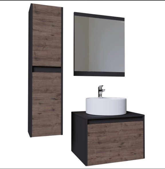 Комплект для ванной Grossman Смарт (шкаф-пенал, тумба под раковину, зеркало, раковина) коричневый, графит
