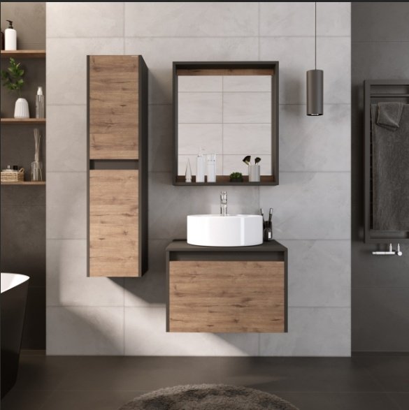 Комплект для ванной Grossman Смарт (шкаф-пенал, тумба под раковину, зеркало, раковина) коричневый, графит