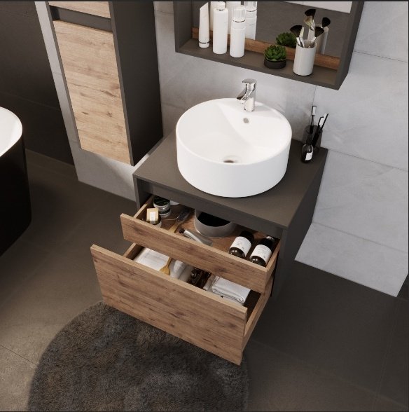 Комплект для ванной Grossman Смарт (шкаф-пенал, тумба под раковину, зеркало, раковина) коричневый, графит