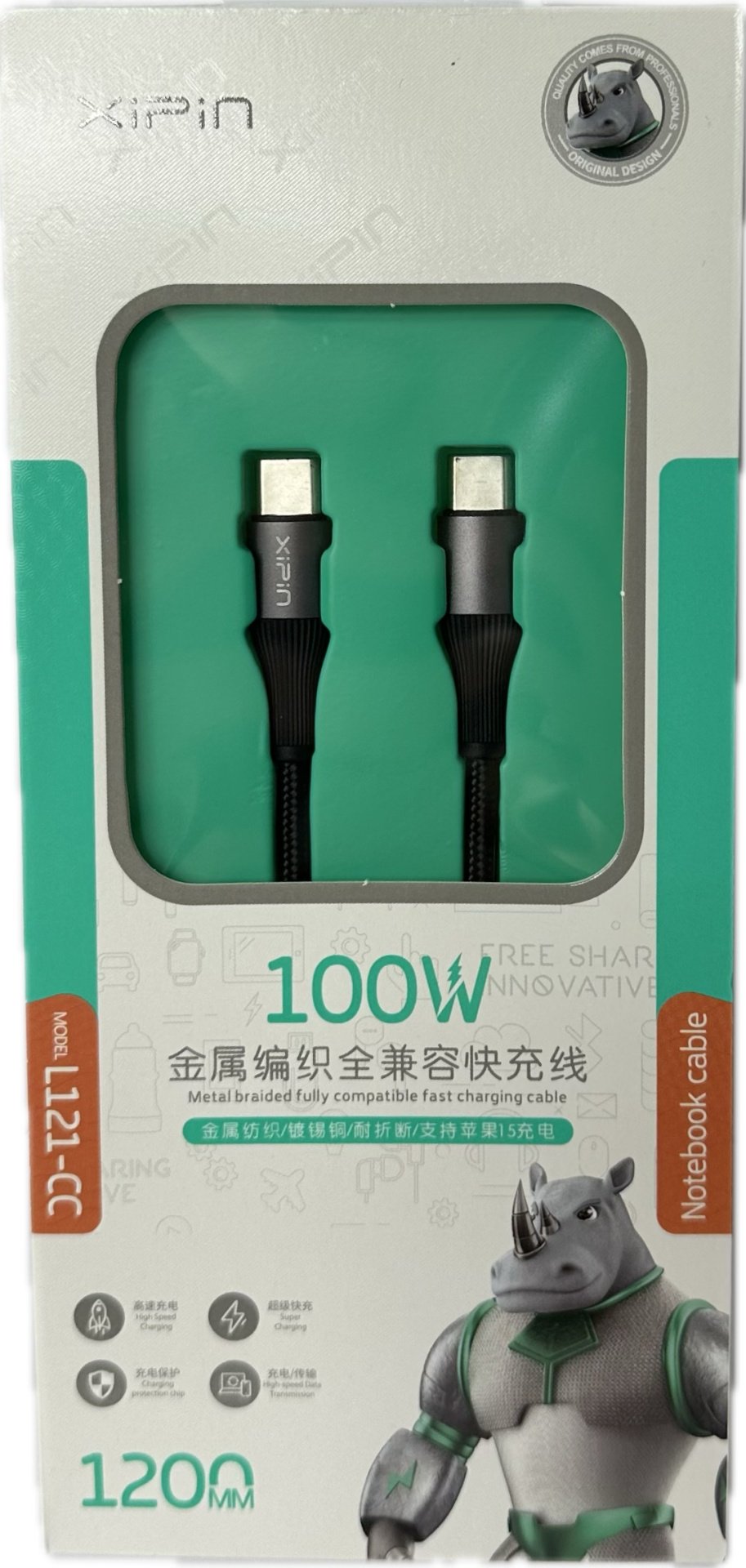 Кабель Xipin USB TypeC (F), USB TypeC (M), 1.2 м, черный