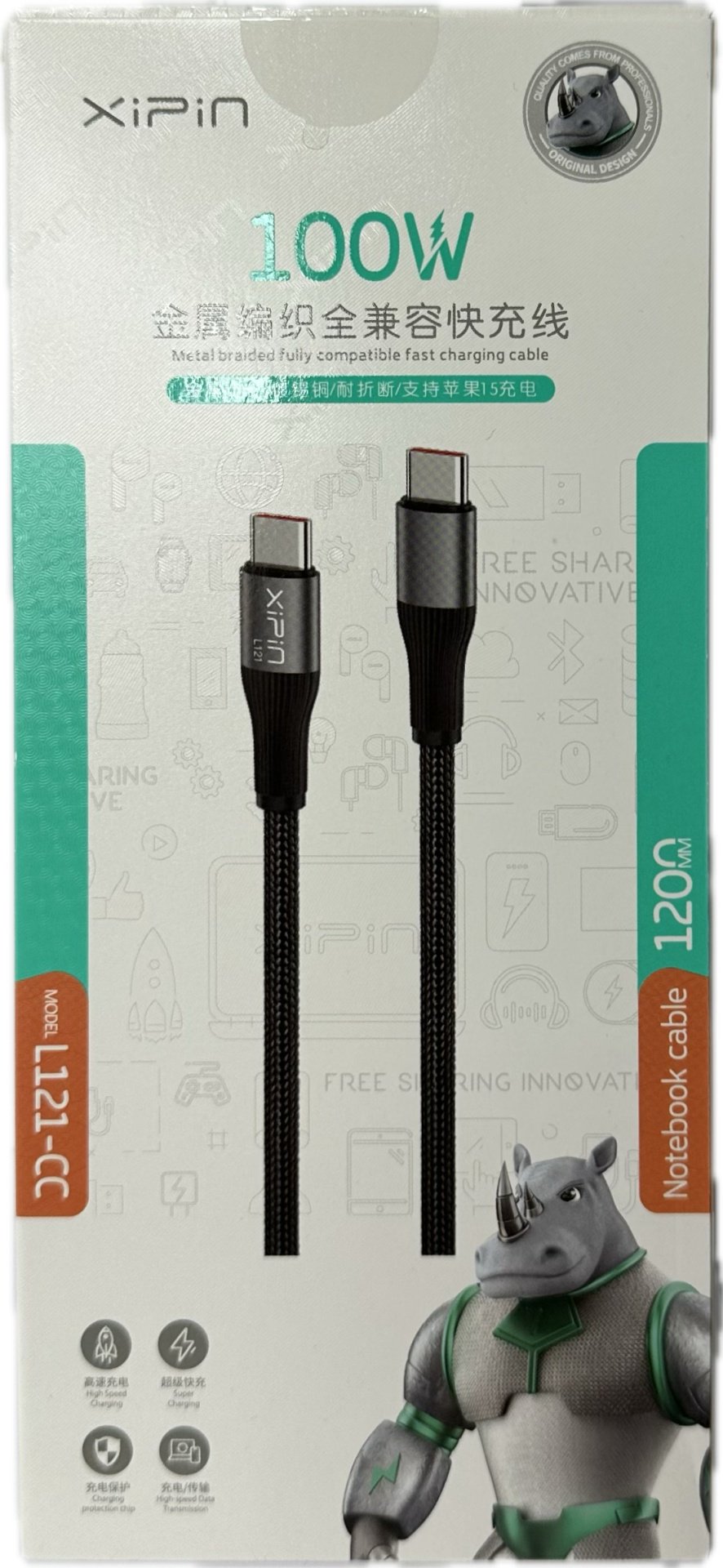 Кабель Xipin USB TypeC (F), USB TypeC (M), 1.2 м, черный
