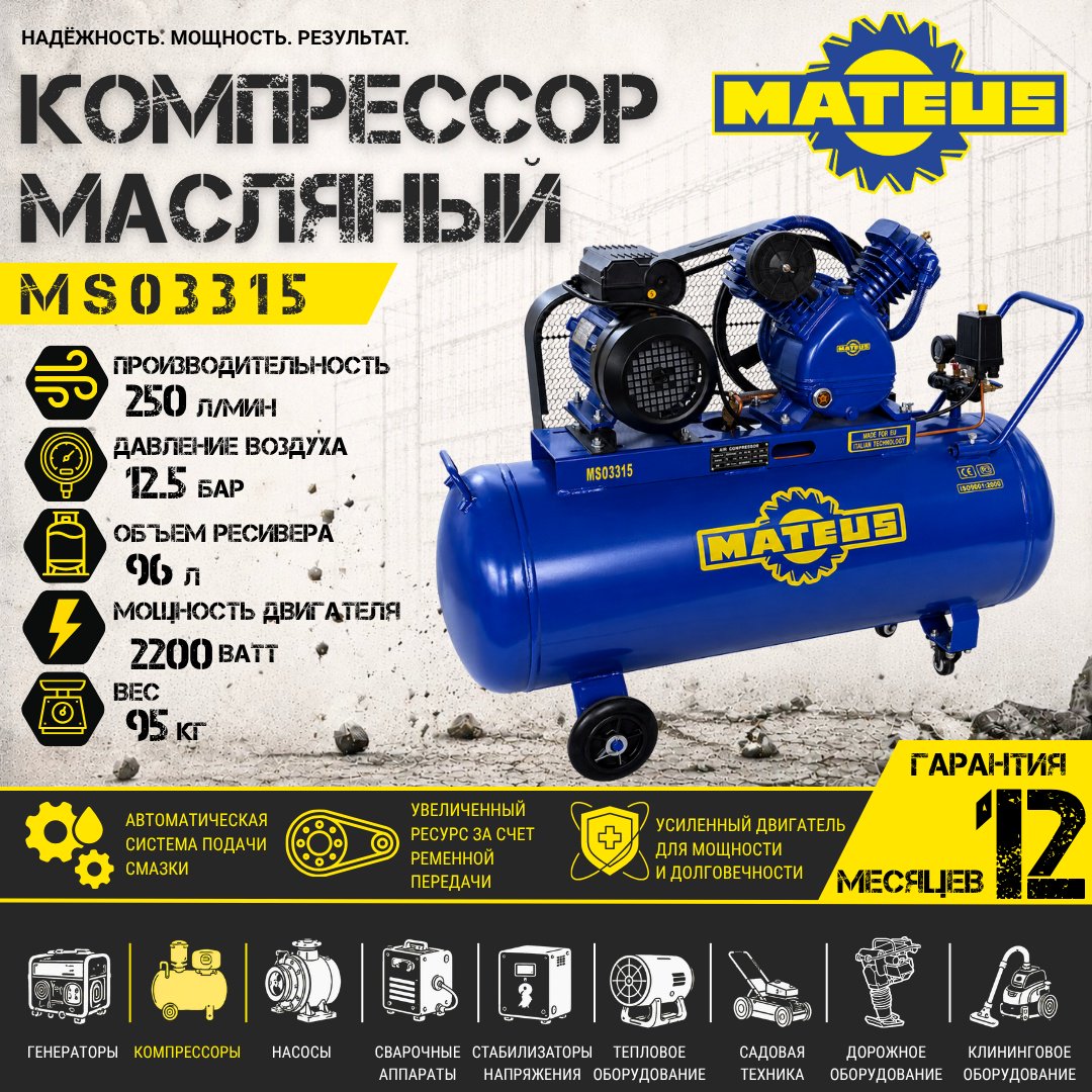 Компрессор масляный Mateus MS03315, 12.5 бар купить,NaN