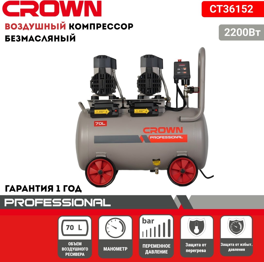 Компрессор безмасляный CROWN CT36152, 7 бар купить,NaN