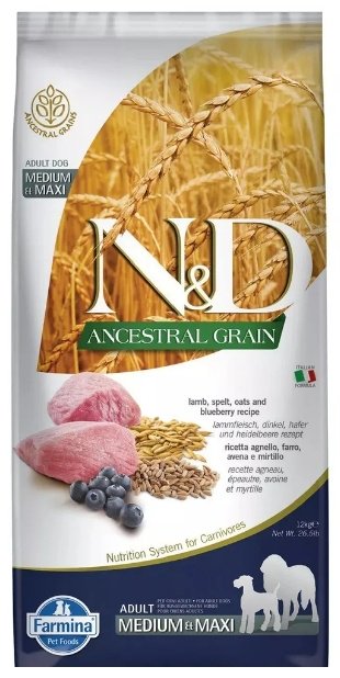 Корм Farmina N&D Ancestral Grain c ягненком, черникой, спельтой и овсом для взрослых средних и крупных пород собак 12 кг купить,NaN