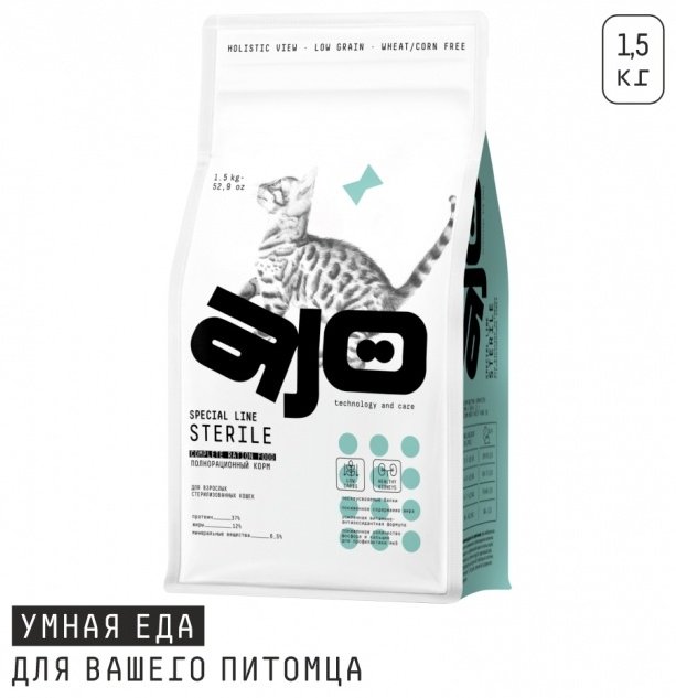 Корм AJO Special Line Sterile для стерилизованных индейка, курица, утка 1.5 кг купить,NaN
