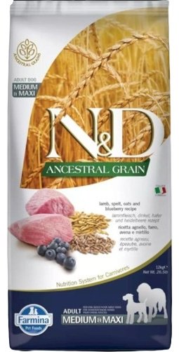 Корм Farmina N&D Ancestral Grain c ягненком, черникой, спельтой и овсом для взрослых средних и крупных пород собак 12 кг купить,NaN