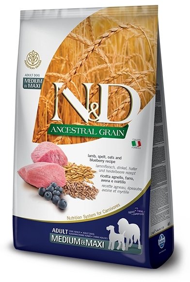 Корм Farmina N&D Ancestral Grain c ягненком, черникой, спельтой и овсом для взрослых средних и крупных пород собак 12 кг купить,NaN