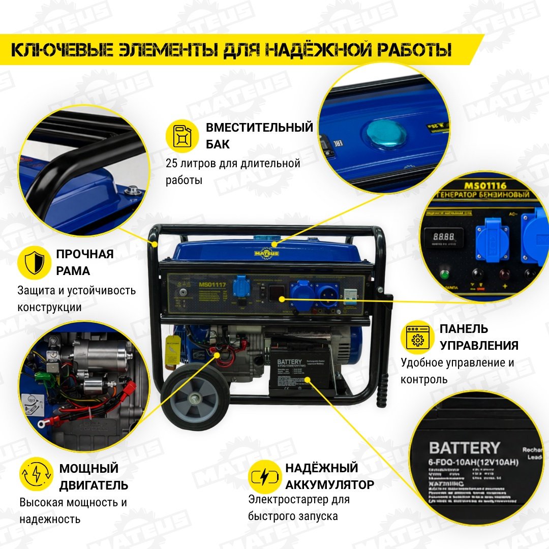 Электростанция бензиновая Mateus 6 кВт 1 (220 В), MS01117 купить,NaN
