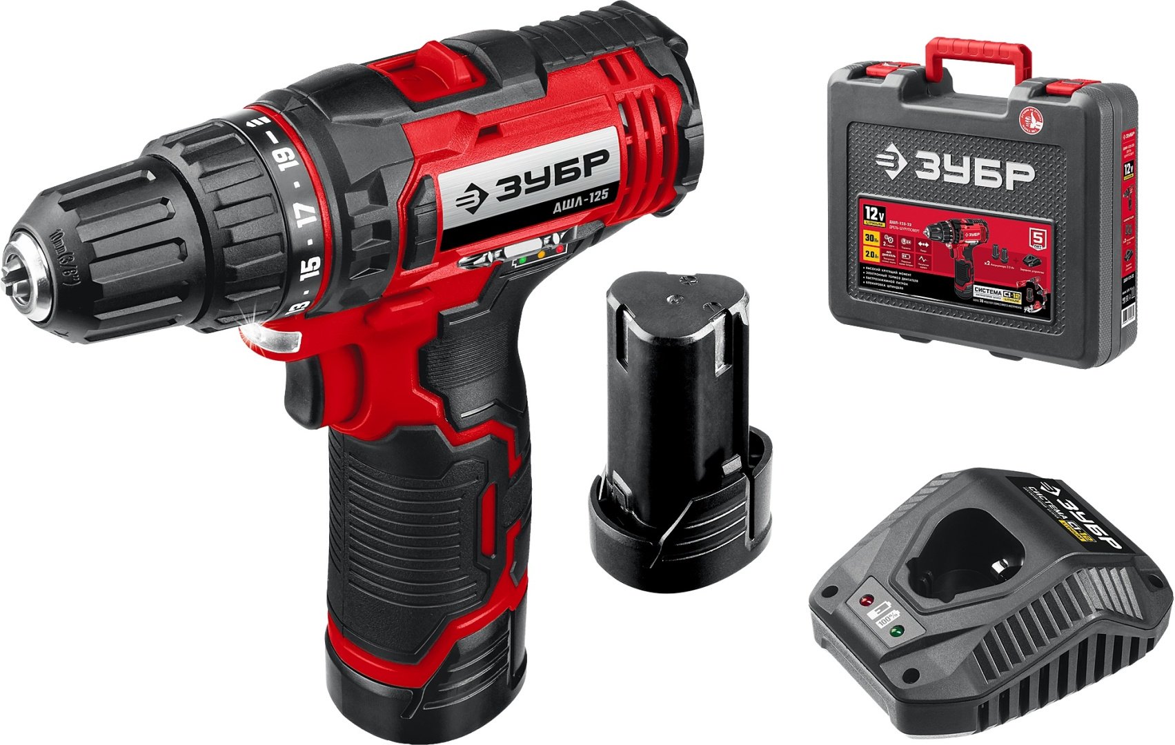 ЗУБР дрель-шуруповерт ДШЛ-125-22 (кейс, два аккумулятора 12V, зарядное устройство, бита) 12 В
