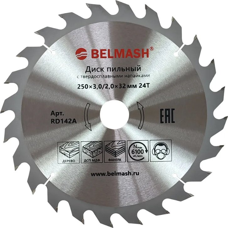 Пильный диск по дереву BELMASH 250x3,0/2,0x32/30мм 24T / RD142A, 250x32 мм, 24Т