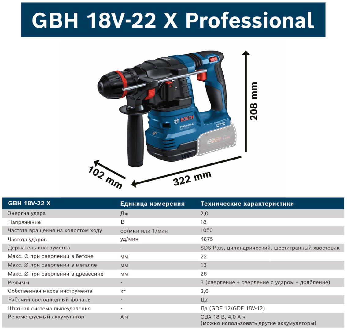 Перфоратор Bosch 0611924102 2 Дж, без аккумулятора в комплекте, 18 В, SDS-Plus
