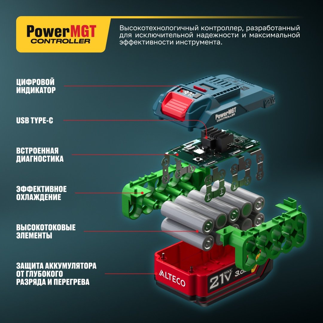 Аккумулятор ALTECO BCD 21-50 PowerMGT 97310 Li-Ion 21 В 5 Ач 1 шт