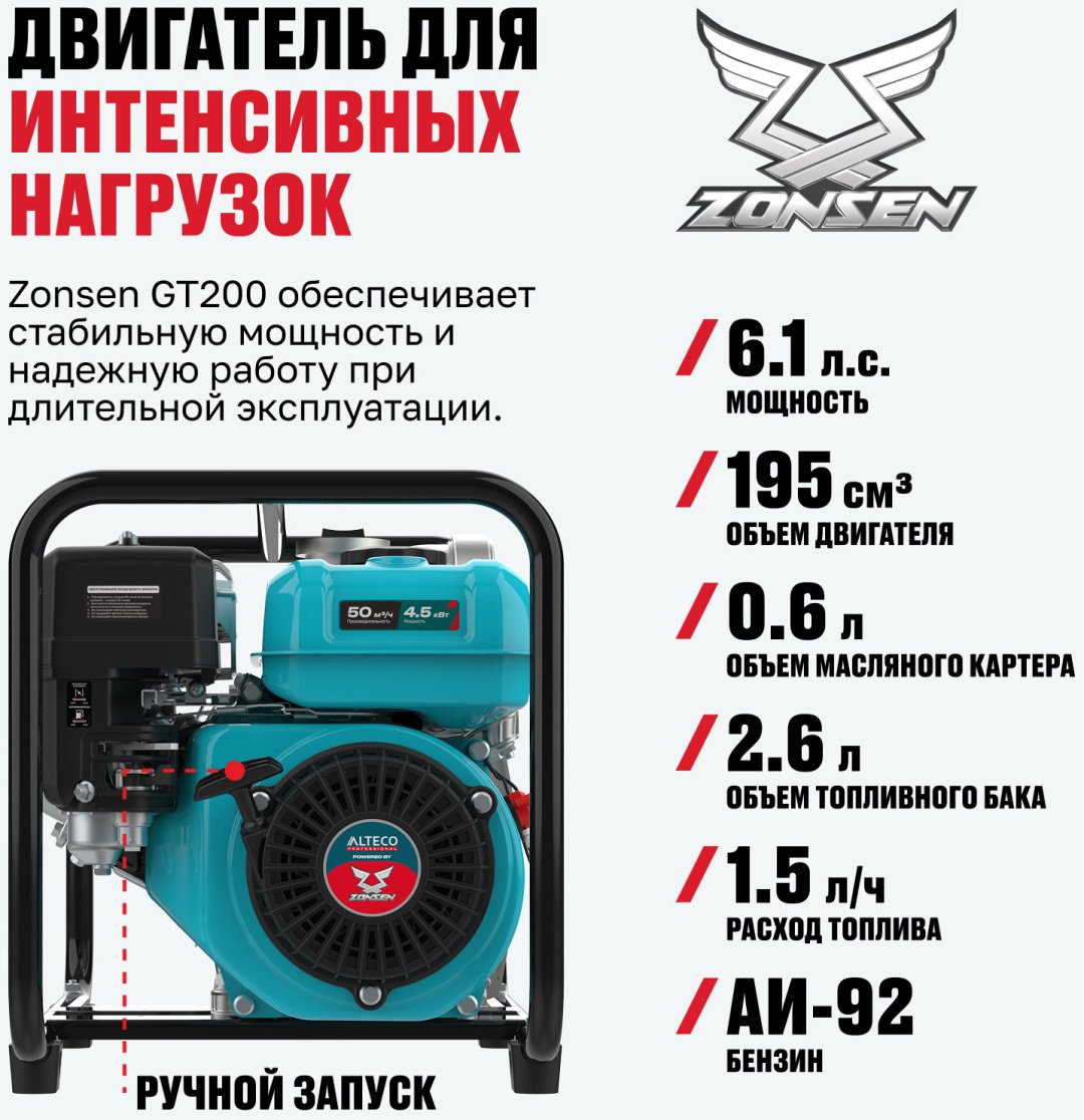 Мотопомпа ALTECO бензиновый двигатель, 195 куб. см