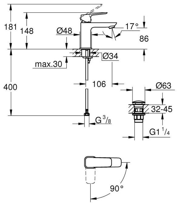 Смеситель для раковины (умывальника) Grohe Cubeo 1017322430, однозахватный купить,NaN