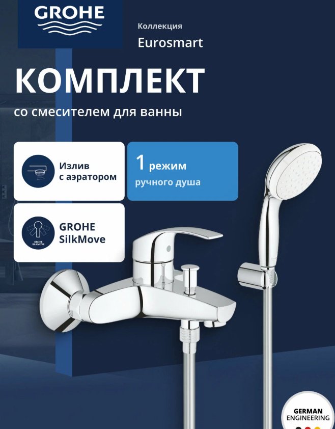 Смеситель для ванны Grohe Eurosmart New 3330220A, латунь, цвет хром купить,NaN
