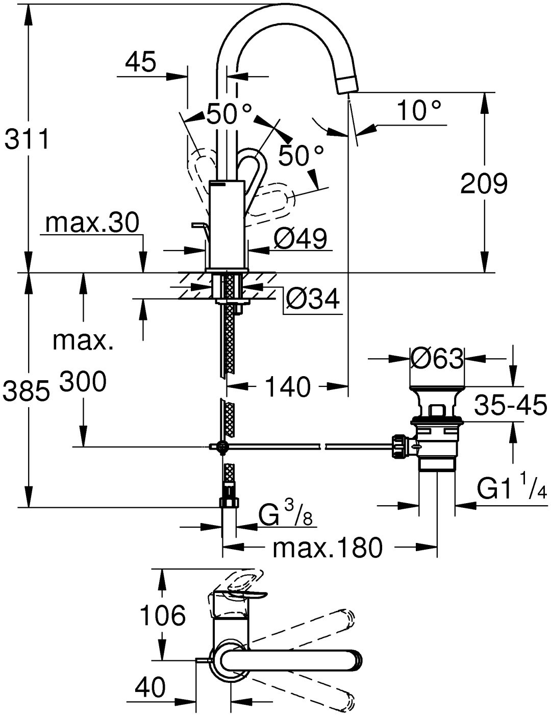 Смеситель для раковины (умывальника) Grohe 23763000, однозахватный купить,NaN