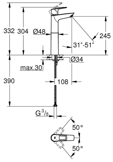 Смеситель Grohe BauLoop 23764 хром, XL-size, латунь, цвет серебристый купить,NaN
