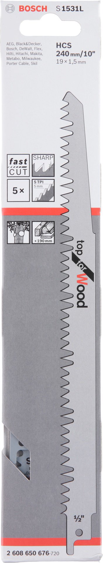 Сабельное пильное полотно Bosch S-1531 L TOP FOR WOOD 2608650676 240 мм 5 шт
