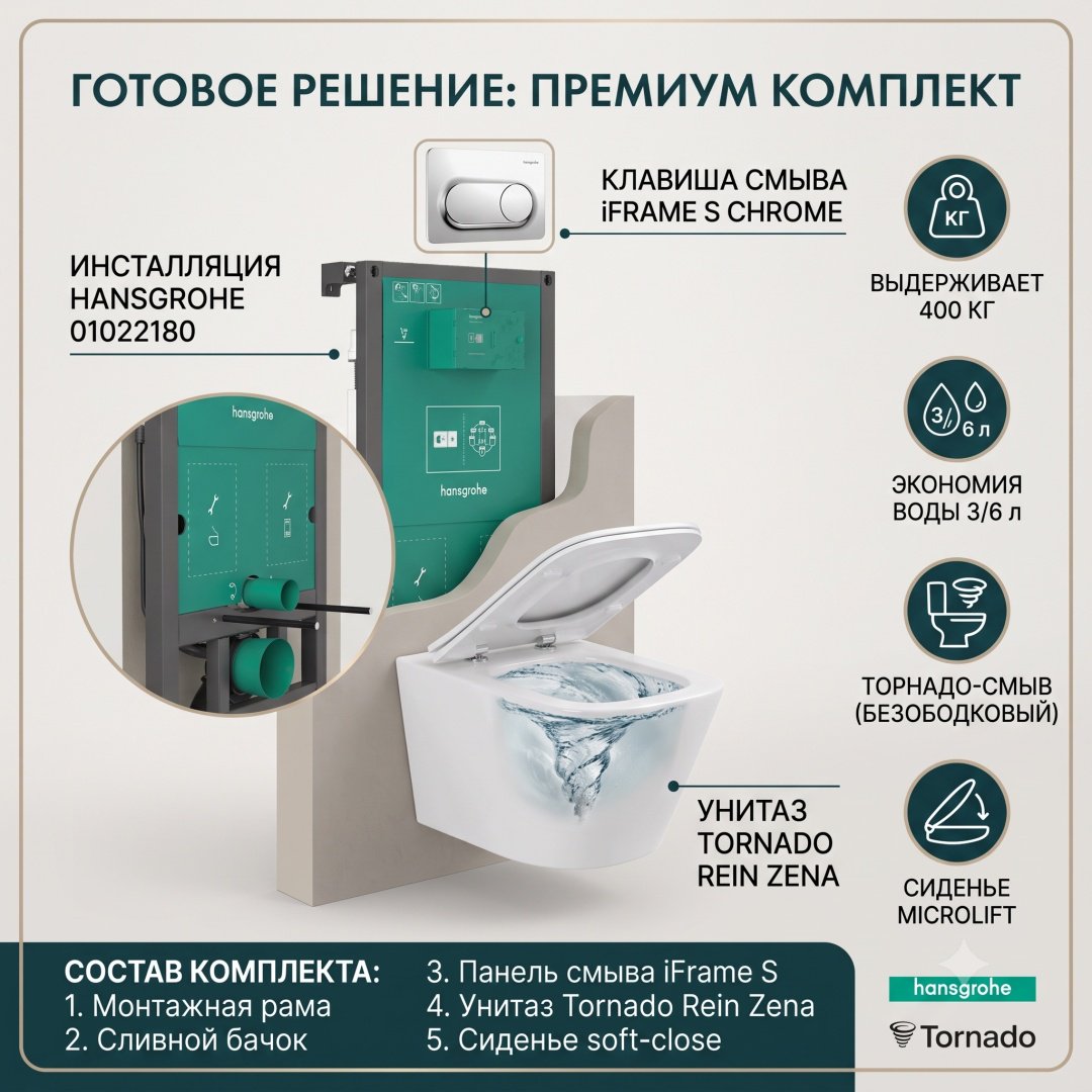 Унитаз с инсталляцией Hansgrohe iFrame universal+iFrame Original S+Rein Zena, санкерамика