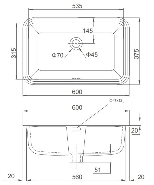 Раковина SSWW White House SSWW SACP221C-060-1 врезная прямоугольная 60х37 см, керамика