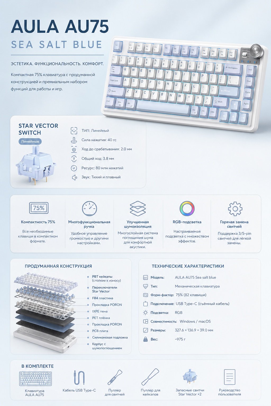 Клавиатура AULA AU75 SEA SALT BLUE голубой купить,20898