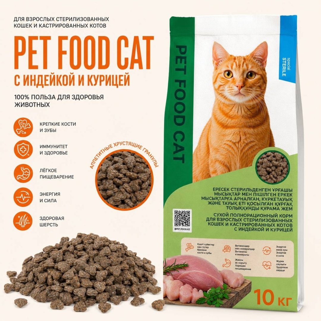 Корм Pet Food Cat для стерилизованных кошек и кастрированных котов индейка, курица 10 кг купить,NaN