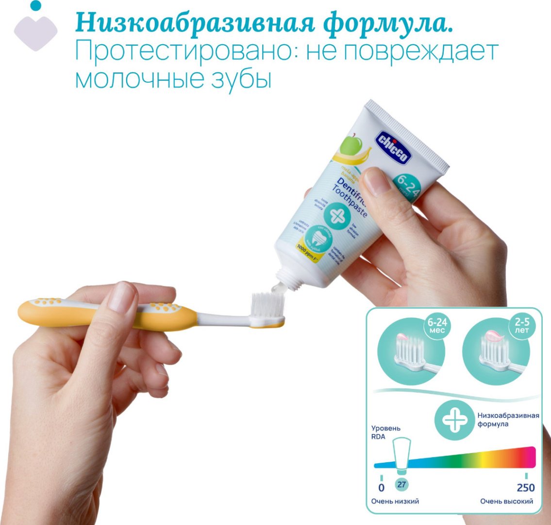 Chicco зубная паста с фтором, со вкусом яблока и банана 6-24м 50 мл купить,NaN