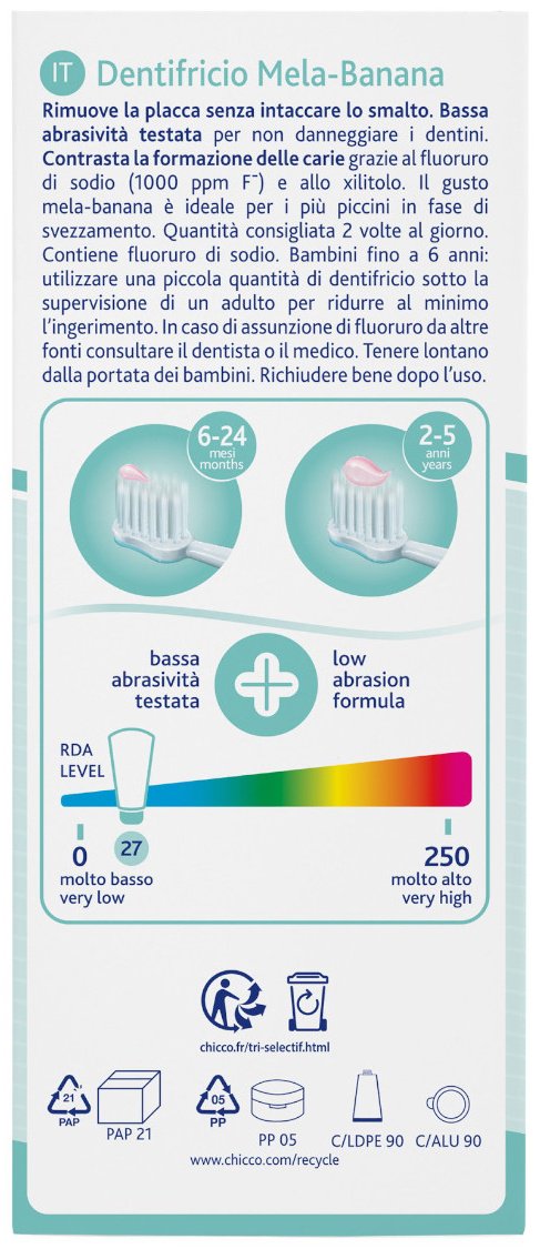 Chicco зубная паста с фтором, со вкусом яблока и банана 6-24м 50 мл купить,NaN