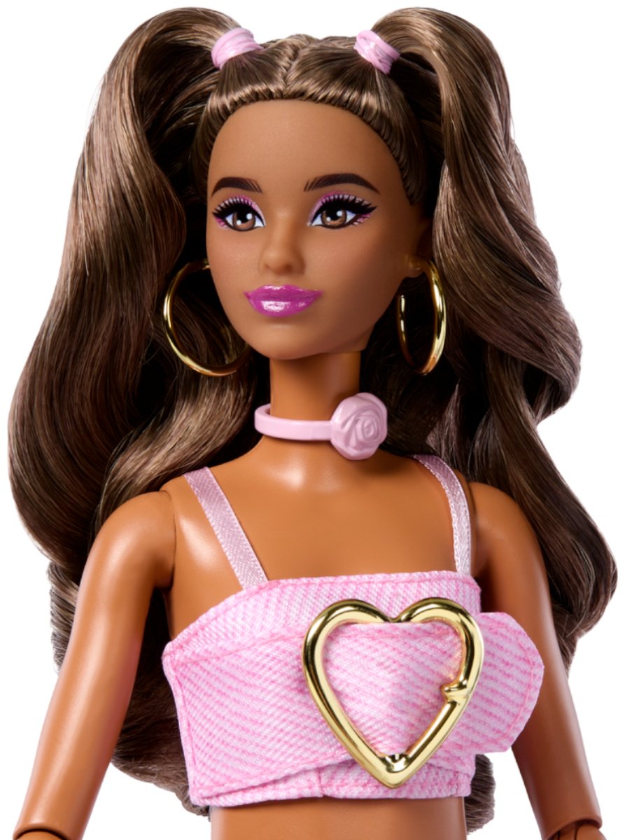 Кукла-модель Barbie Fashionistas DELUXE Шатенка с двумя хвостиками в розовом джинсовом костюме 29 см купить,NaN