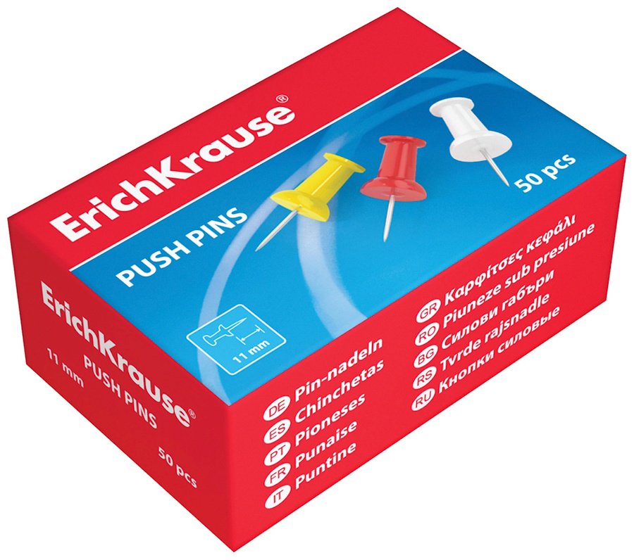 Кнопки канцелярские ErichKrause 24877, 50 шт, красный, белый