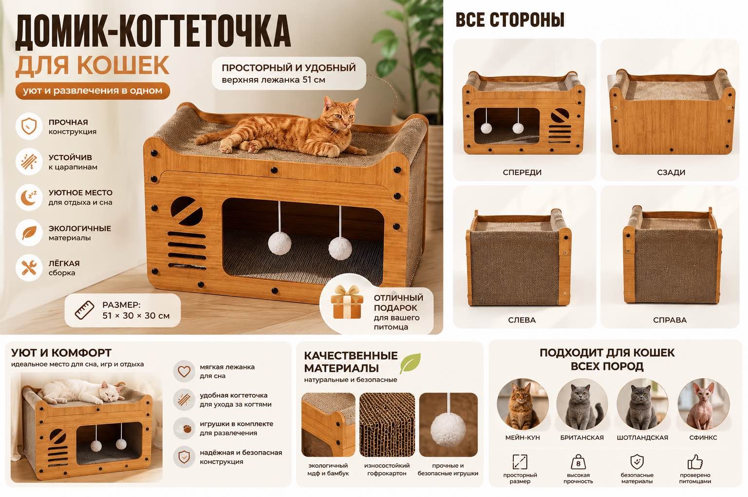 Домик-когтеточка 956789292 бежевый, коричневый
