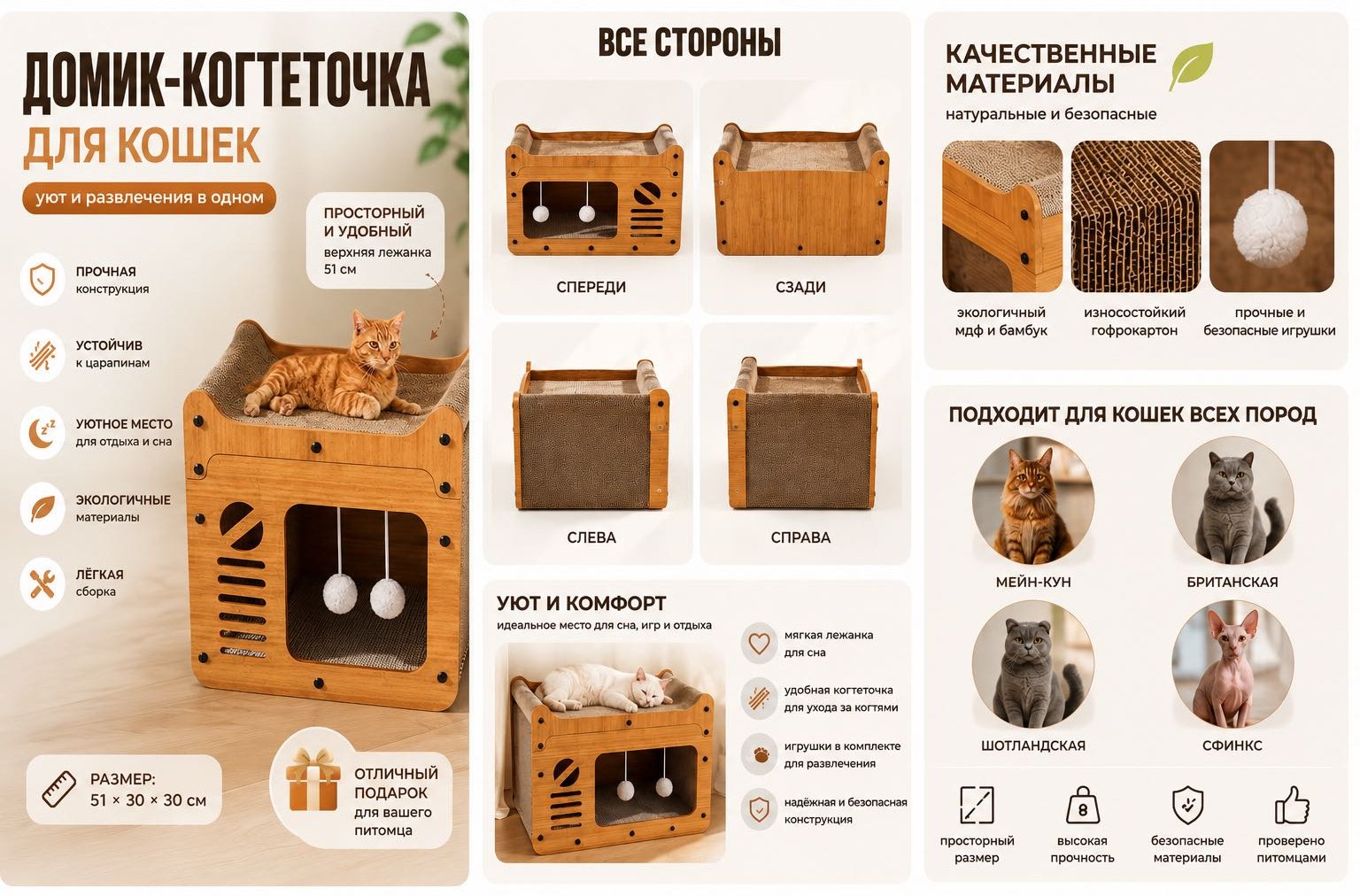 Домик-когтеточка 956789292 бежевый, коричневый