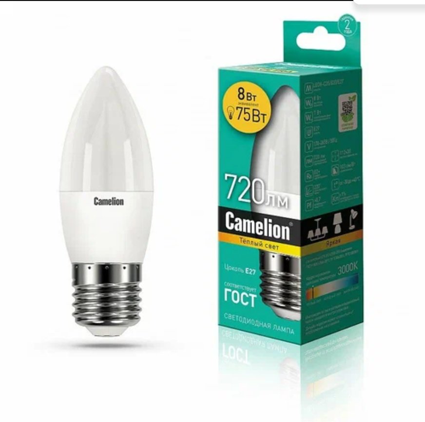Camelion 8W E27, светодиодная, теплый белый