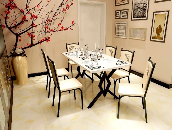 Комплект SEM BRAND Орнамент, стол 150х80 см + 6 стульев, черный, бежевый купить,180000