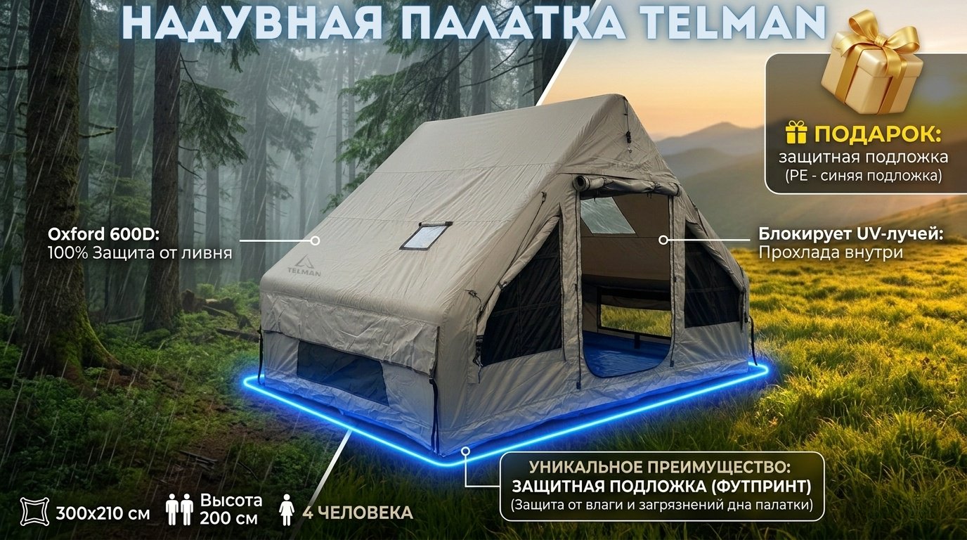 Надувная палатка TELMAN inflatable camping tents кемпинговая количество мест: 4 Оливковый серый