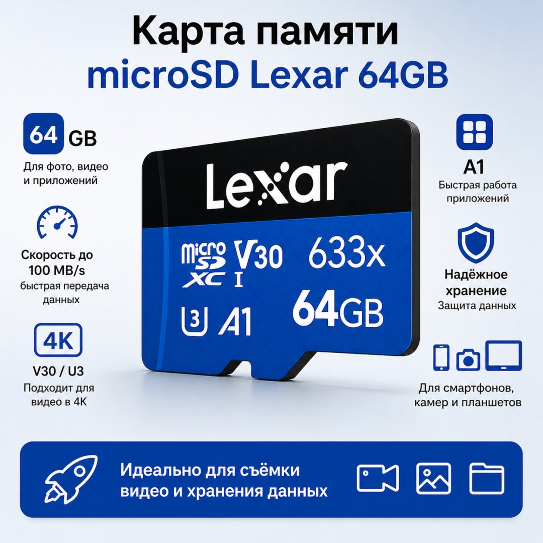 Карта памяти Lexar microSDXC LMS0633064G-BNNNG 64 Гб купить,NaN