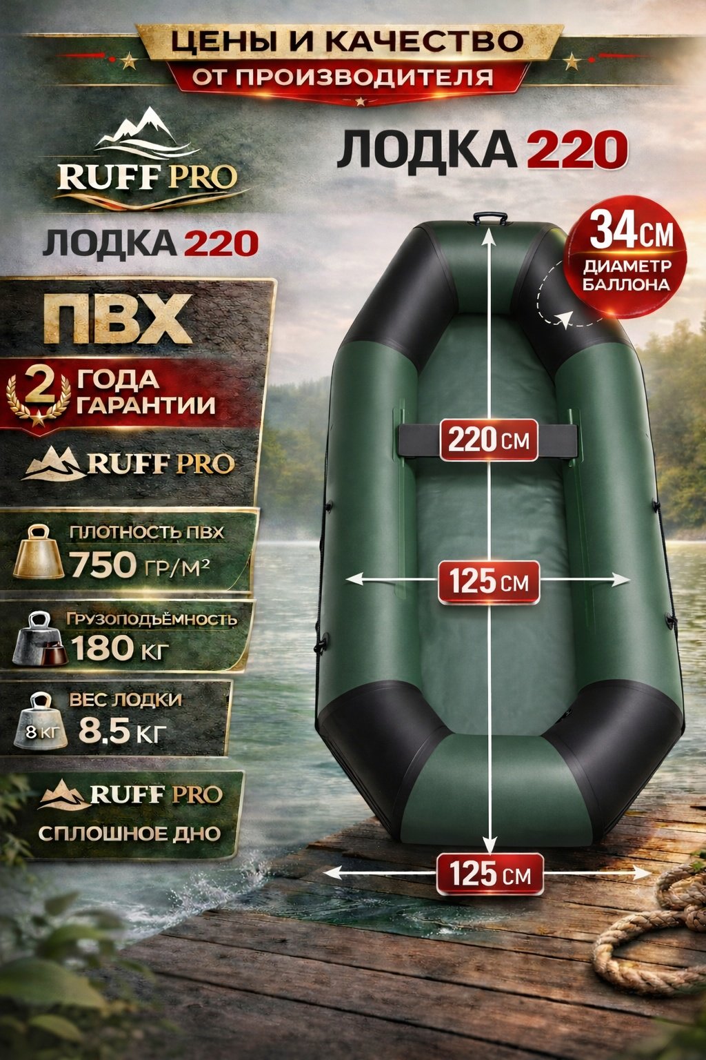 Надувная лодка RUFF PRO 220 зеленый купить,180000