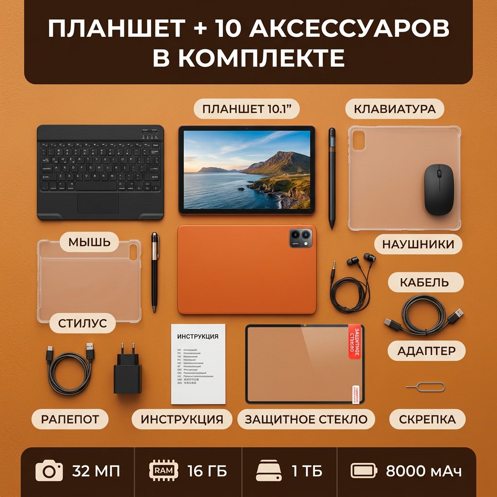 Планшет OZCT Pro 17 Max 10.1 дюйм 16 Гб/1024 Гб оранжевый купить,65000