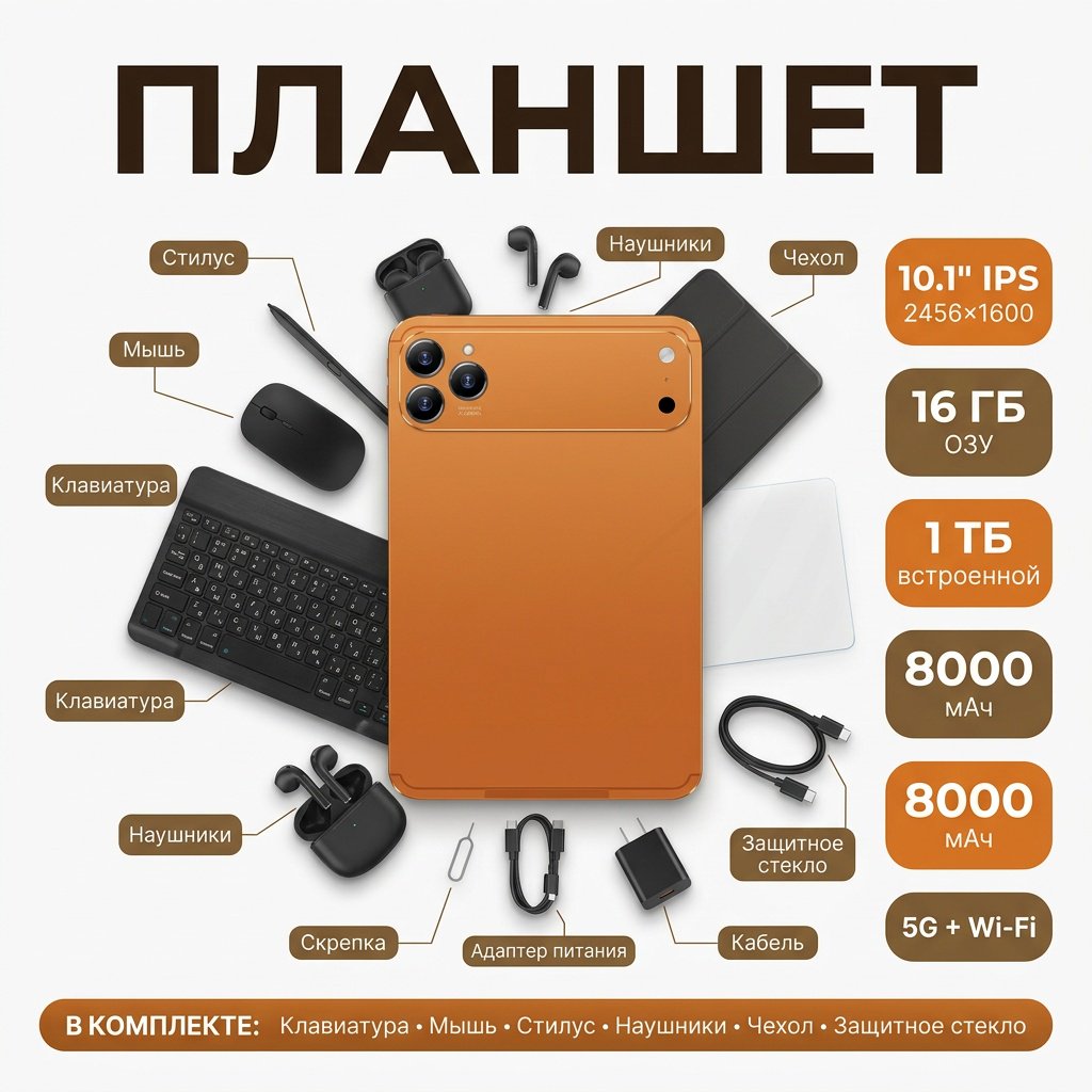 Планшет OZCT Pro 17 Max 10.1 дюйм 16 Гб/1024 Гб оранжевый купить,65000