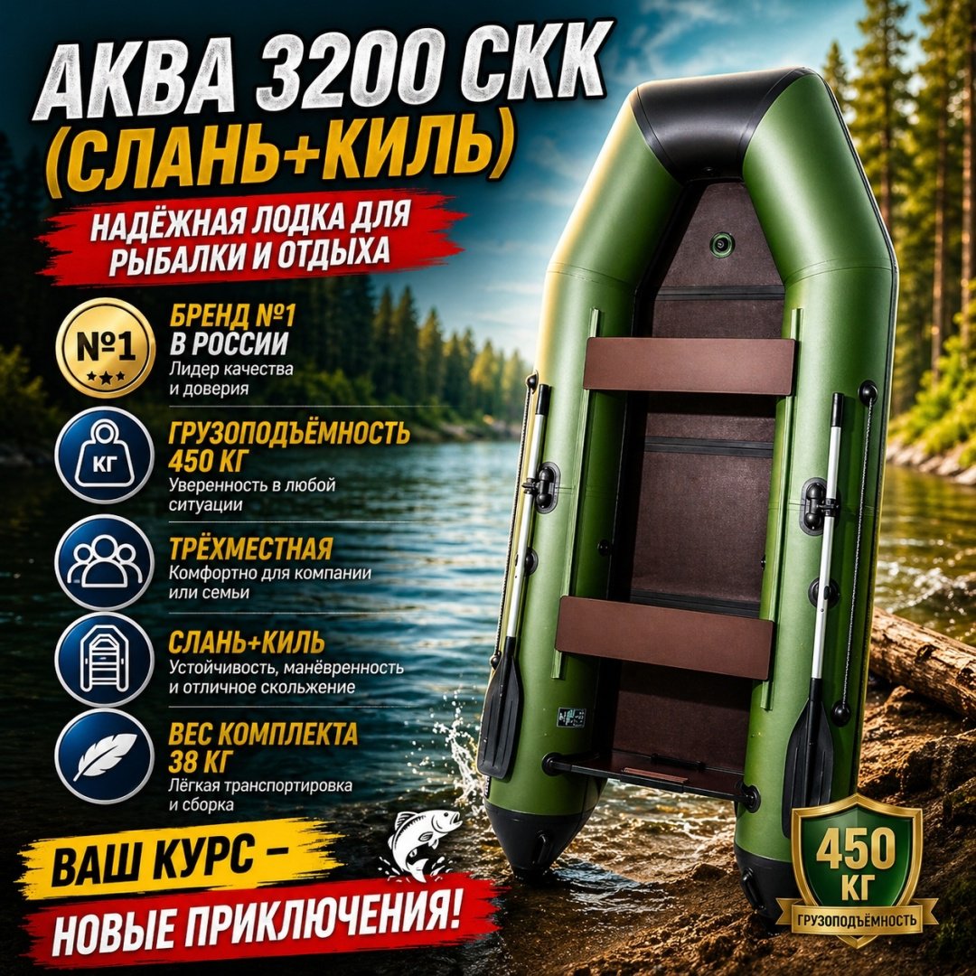 Надувная лодка Аква 3200 слань-книжка киль зеленый-черный